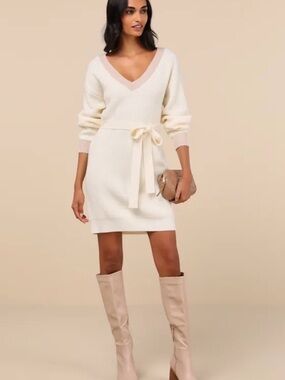 Lulu's Cream V-Neck Sweater Mini Dress with Pale Pink Trim